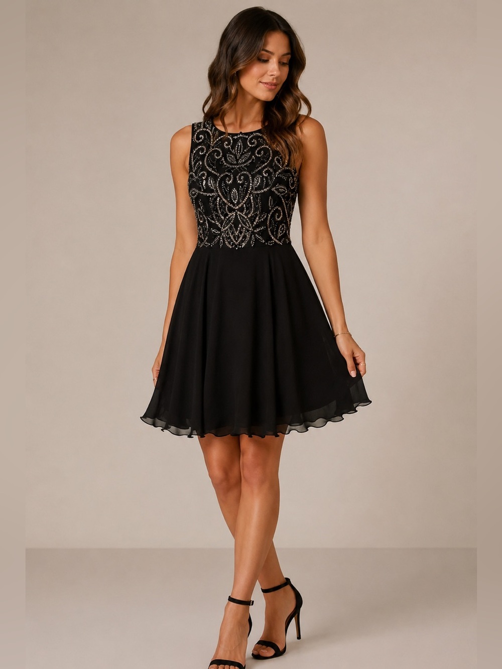 Angel Eye London Beaded Chiffon Cocktail Dress Black Silver US8